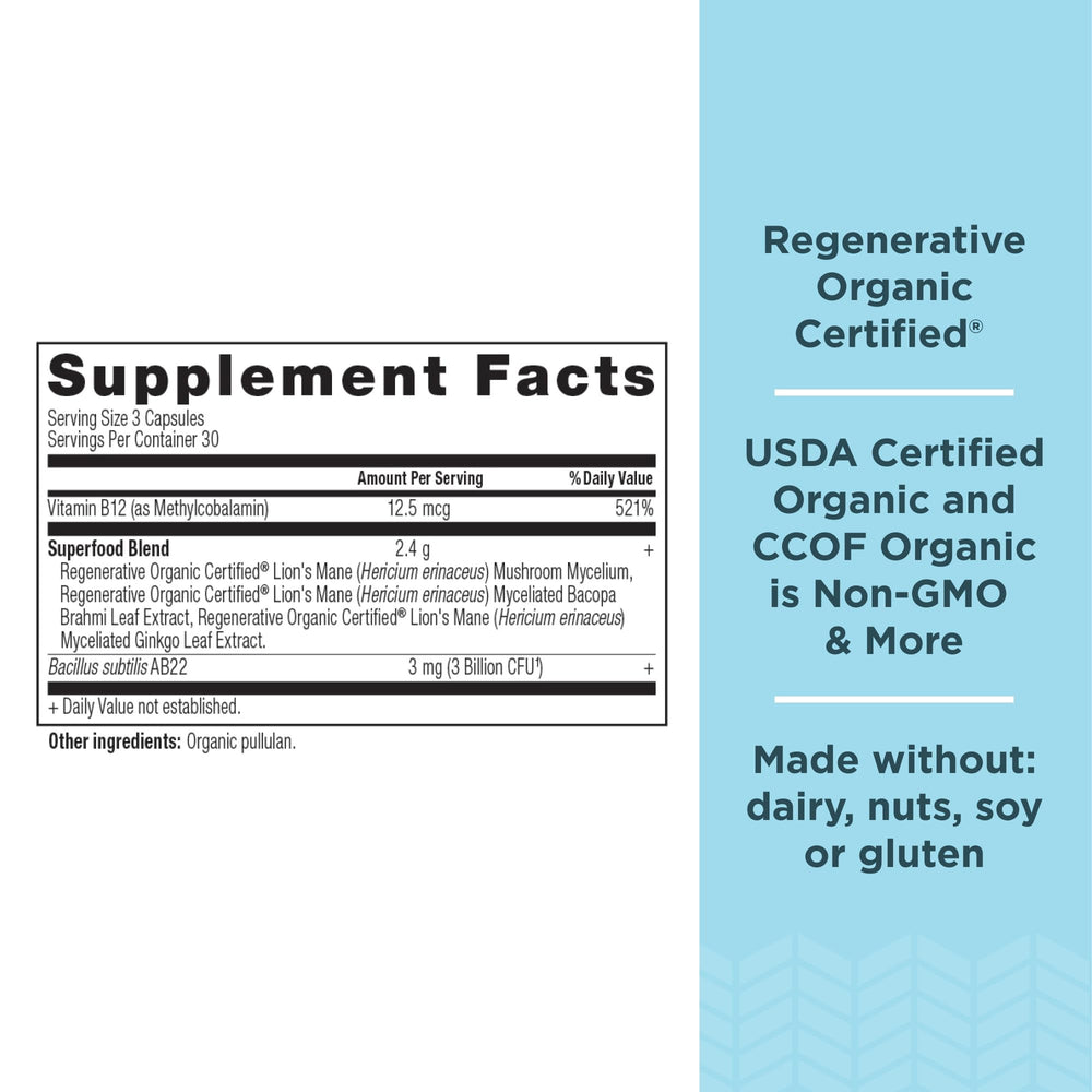Ancient Nutrition focused brain capsules label closeup – highlights ingredients for cognitive support