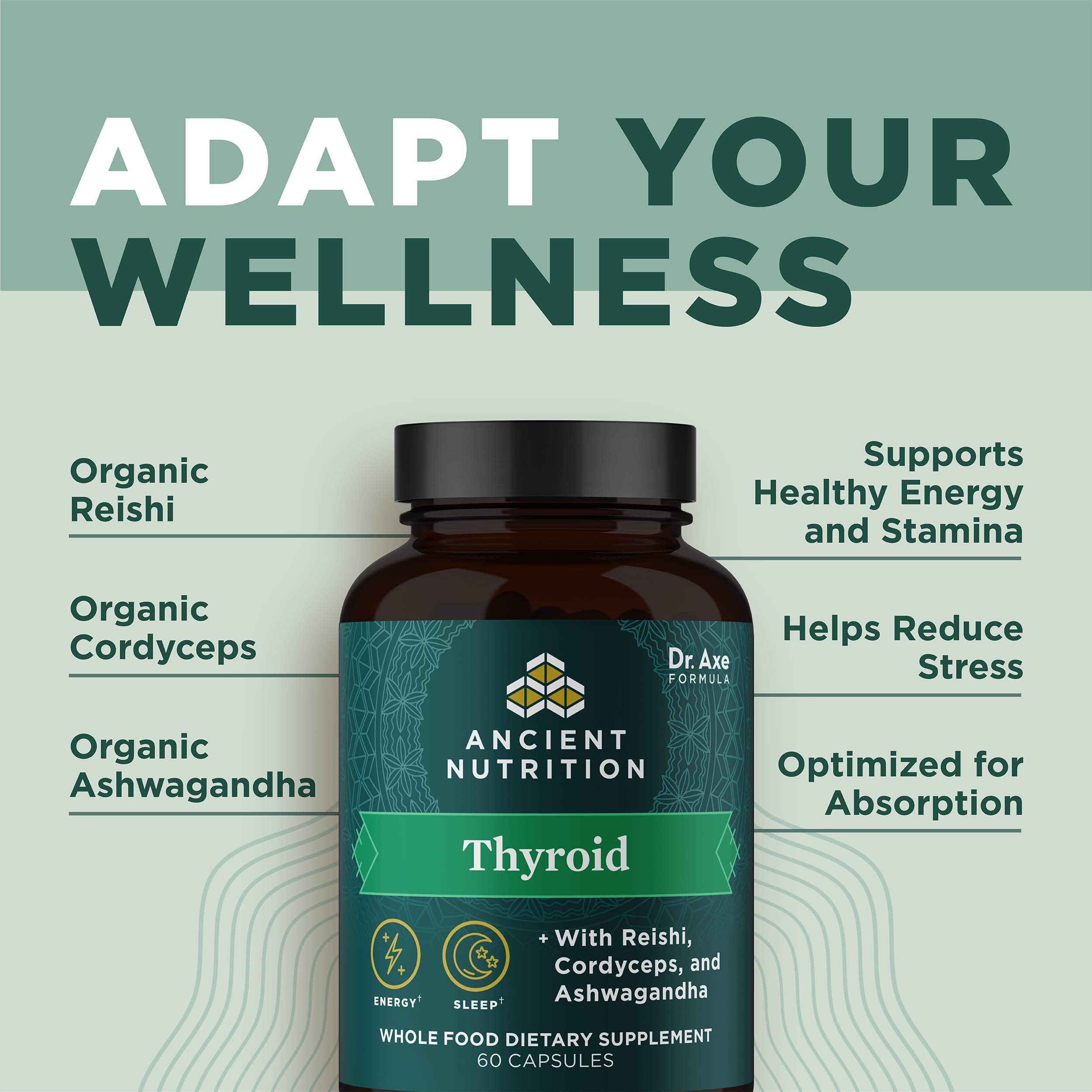 Ancient Nutrition Thyroid Support packaging highlights gluten free and paleo keto friendly formulation.