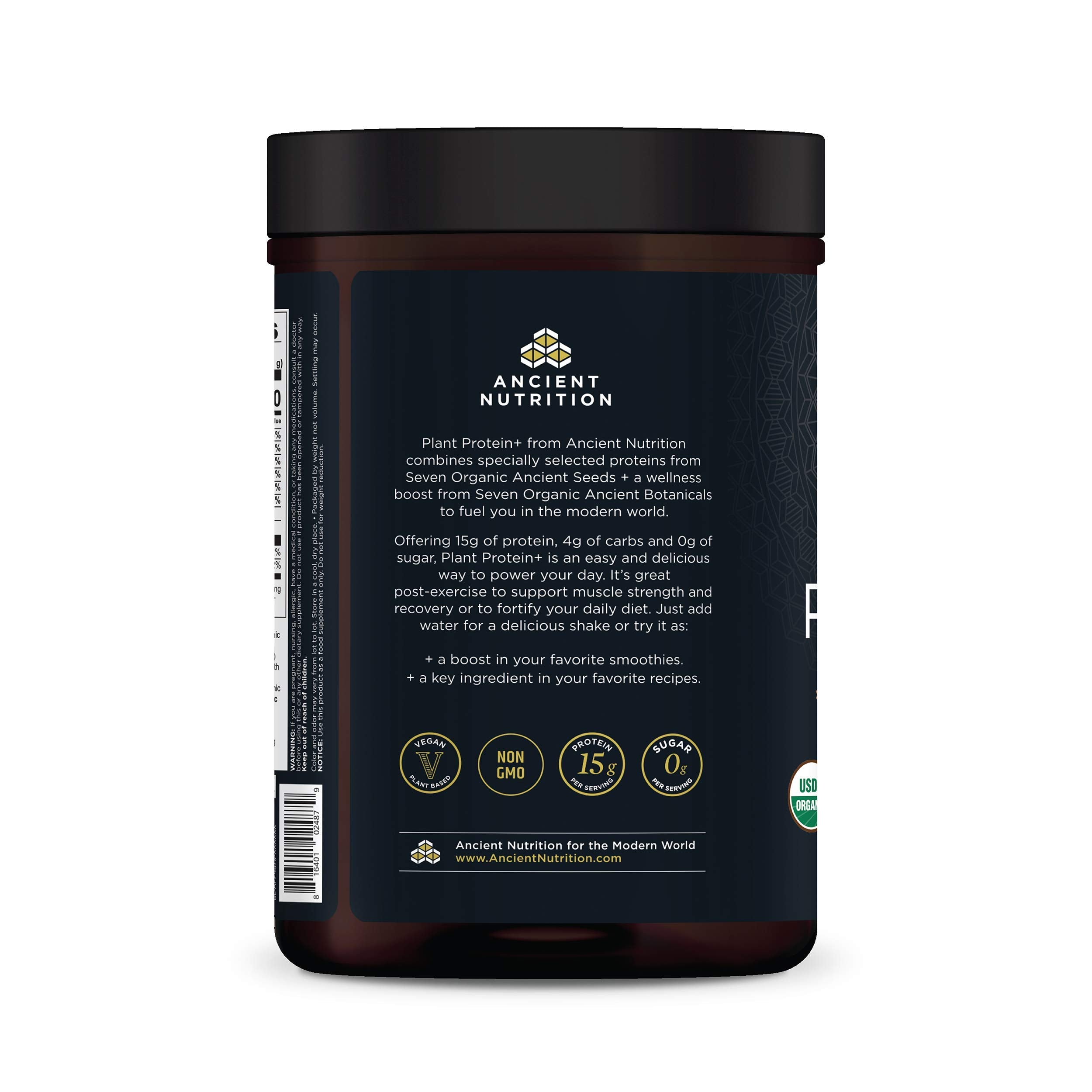 Ancient Nutrition Gluten Free protein powder badge signaling versatile use.