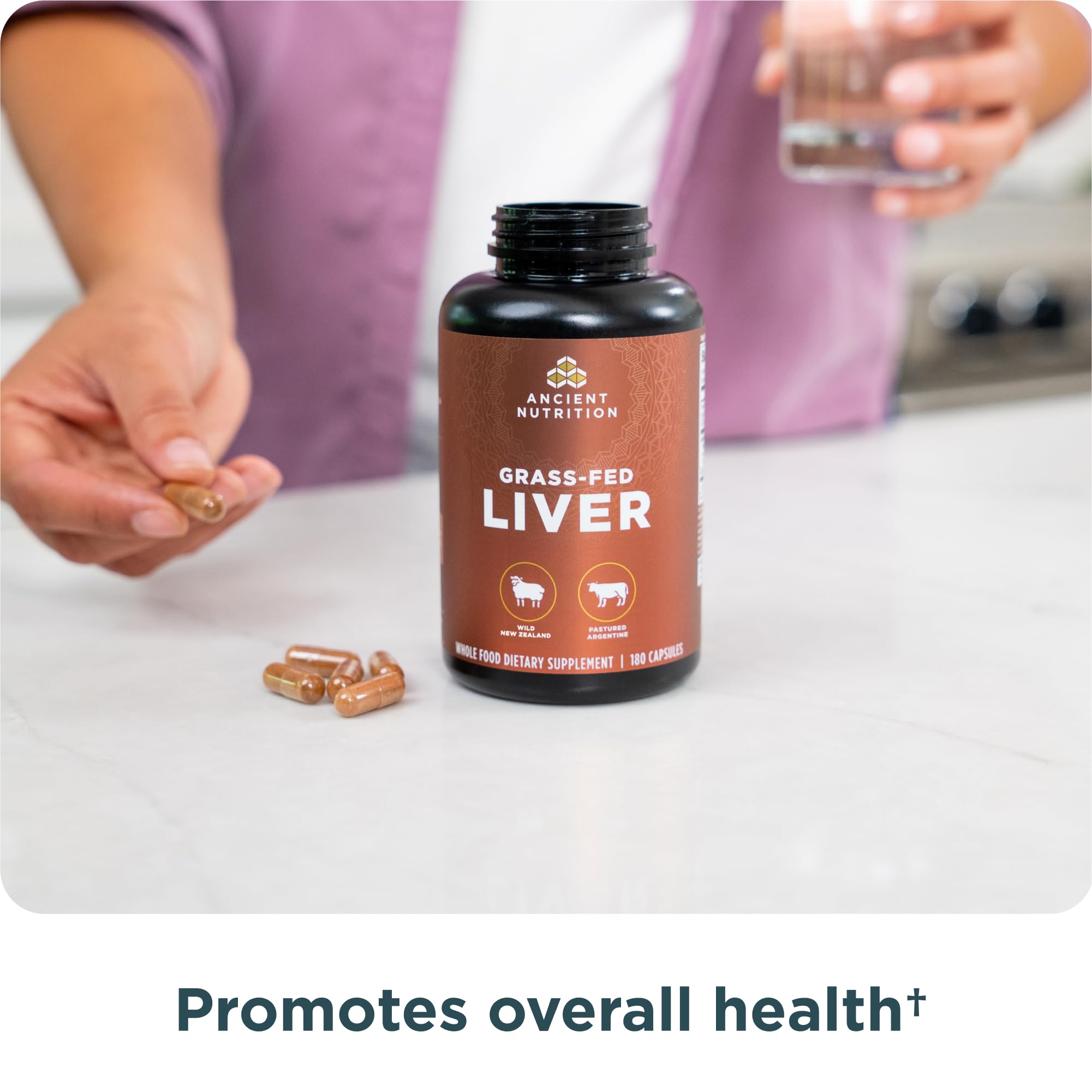 Ancient Nutrition Liver Organ Supplements show grass-fed bovine organs from Argentina.