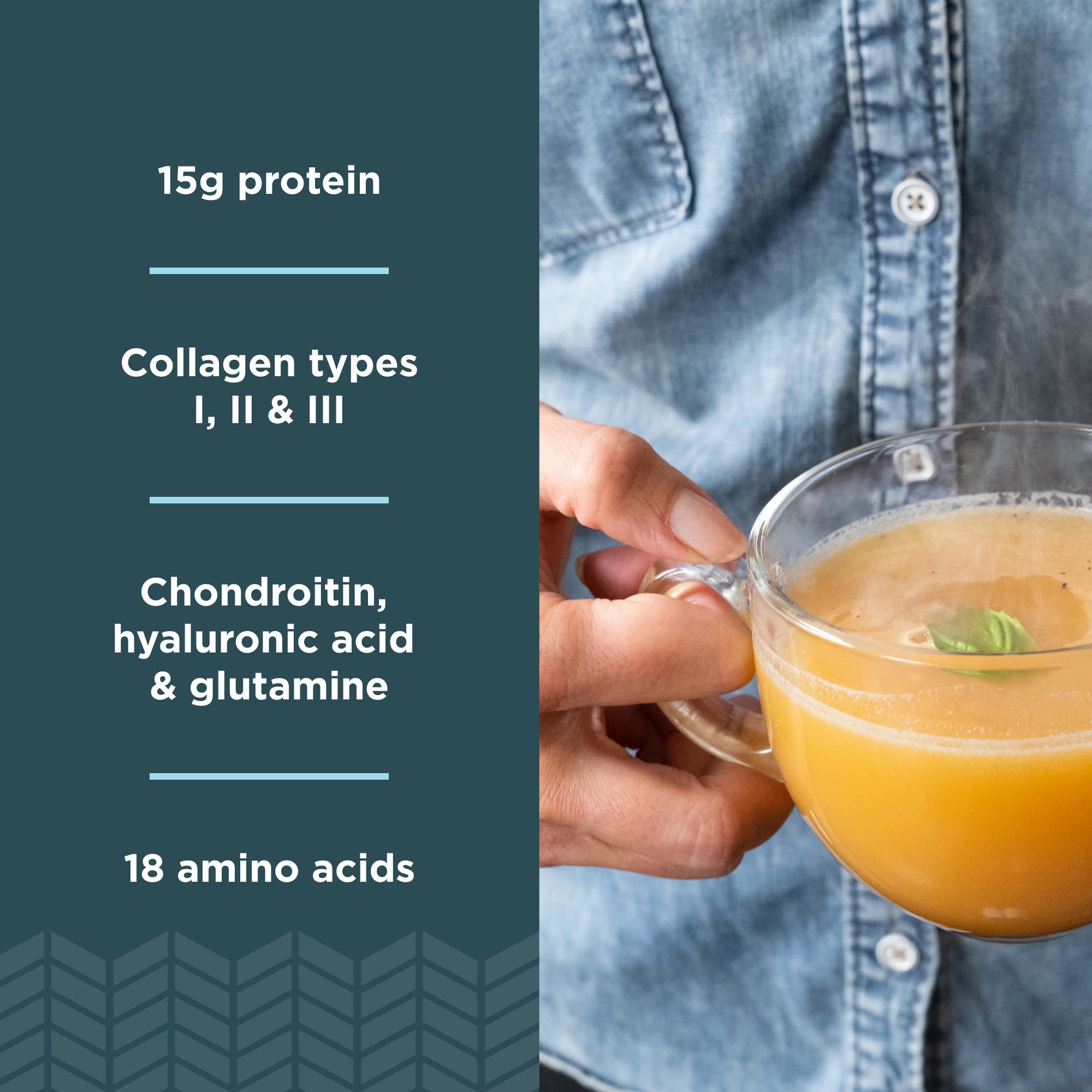 Ancient Nutrition grass-fed chicken and beef bone broth powder image emphasizes sustainable sourcing for joints and gut support