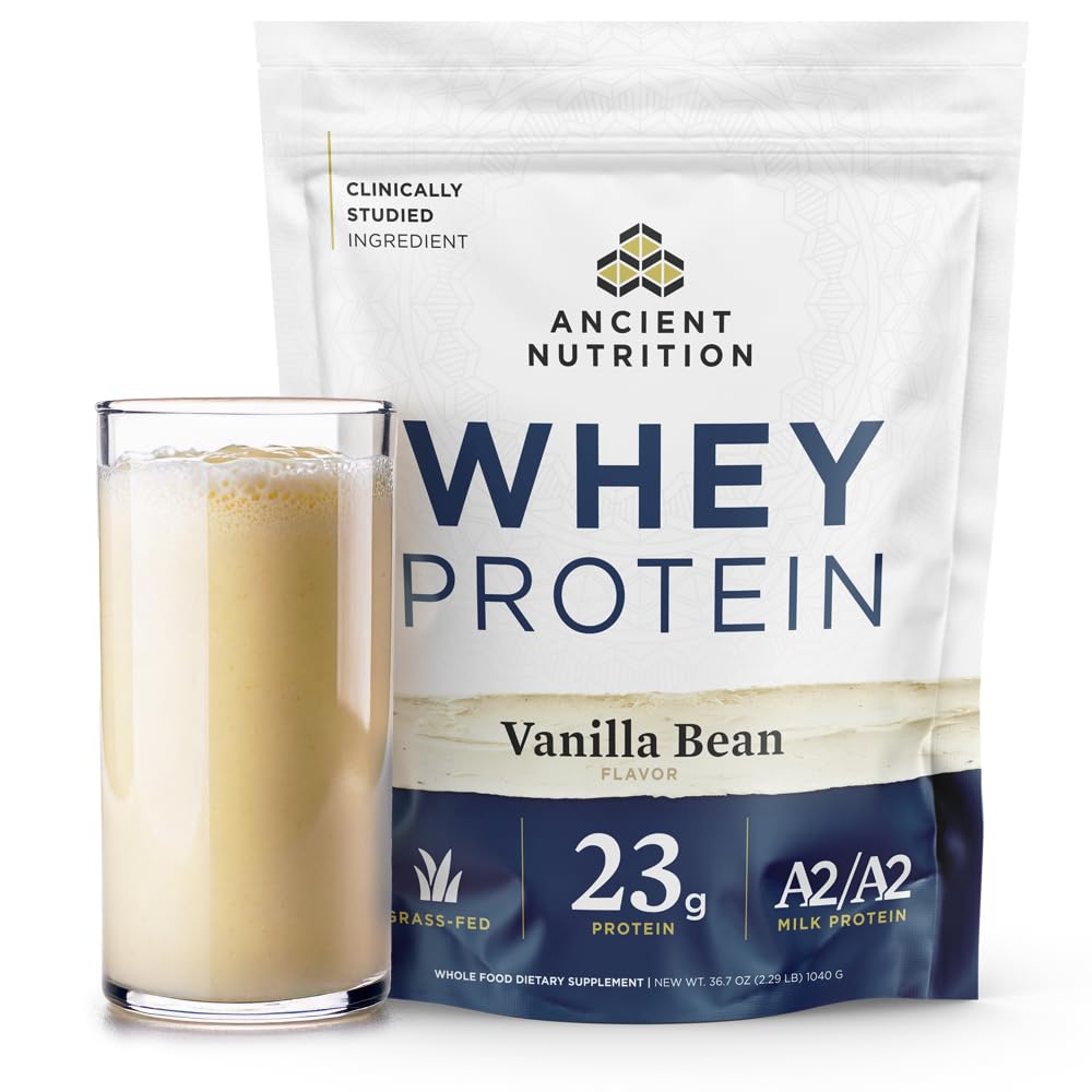 Ancient Nutrition grass-fed whey protein bottle showing powerful protein blend for workouts.
