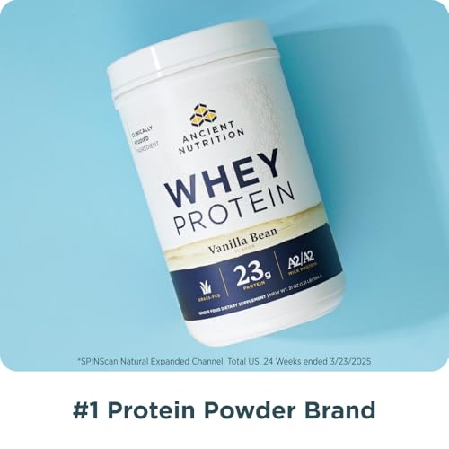 Ancient Nutrition powder close-up with A2/A2 icon suggests easier digestion