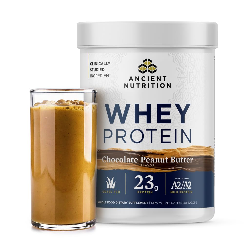 Ancient Nutrition tub front shows chocolate peanut butter flavor with 23g protein per serving