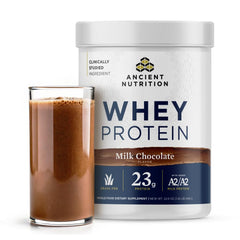 Ancient Nutrition grass-fed whey protein tub highlighting 23g per serving for athletes.
