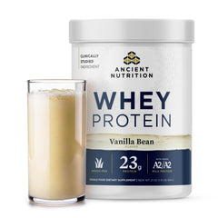 Ancient Nutrition Grass Fed Whey Vanilla Bottle shows premium protein for daily fueling