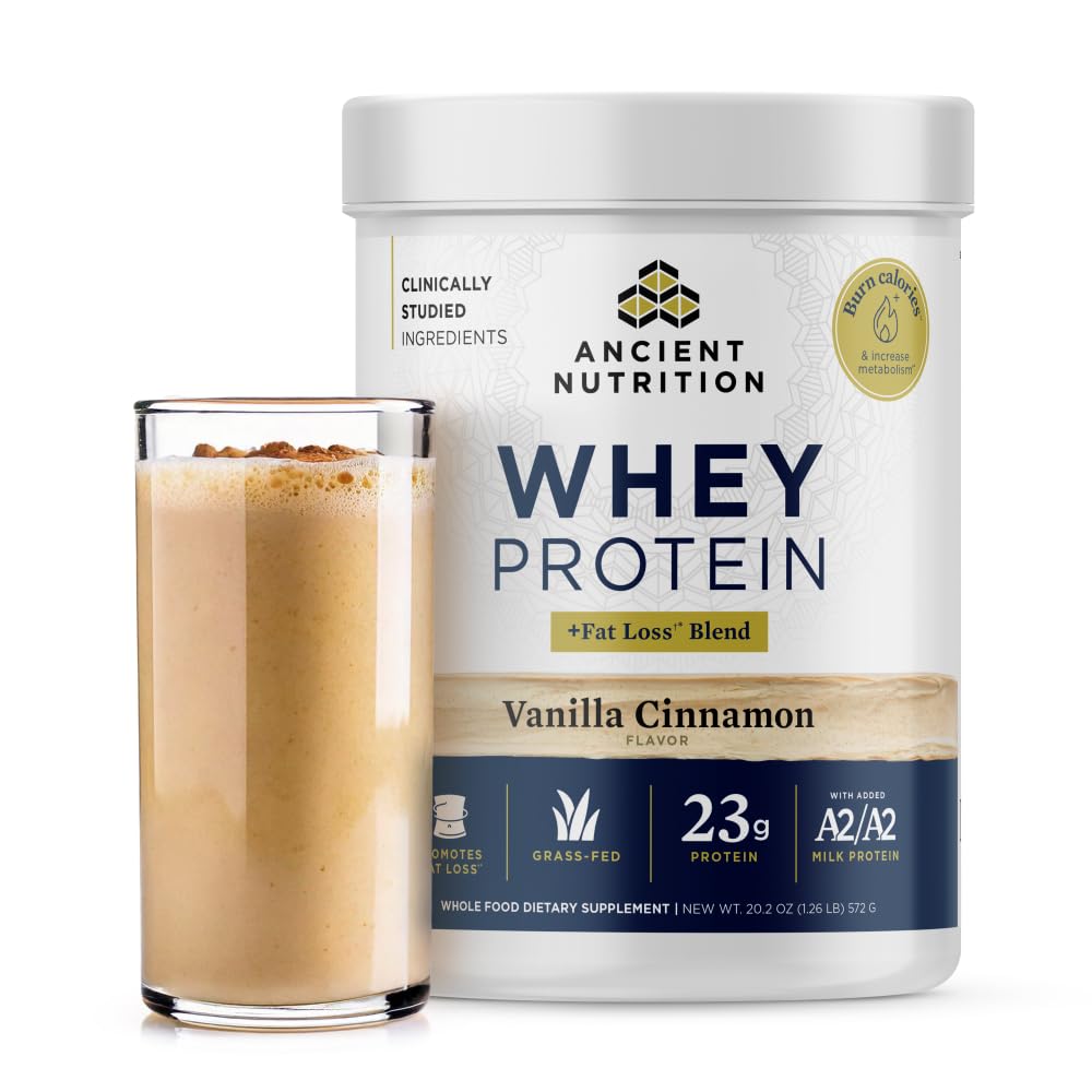 Ancient Nutrition grass-fed whey bottle in vanilla cinnamon for lean muscle support