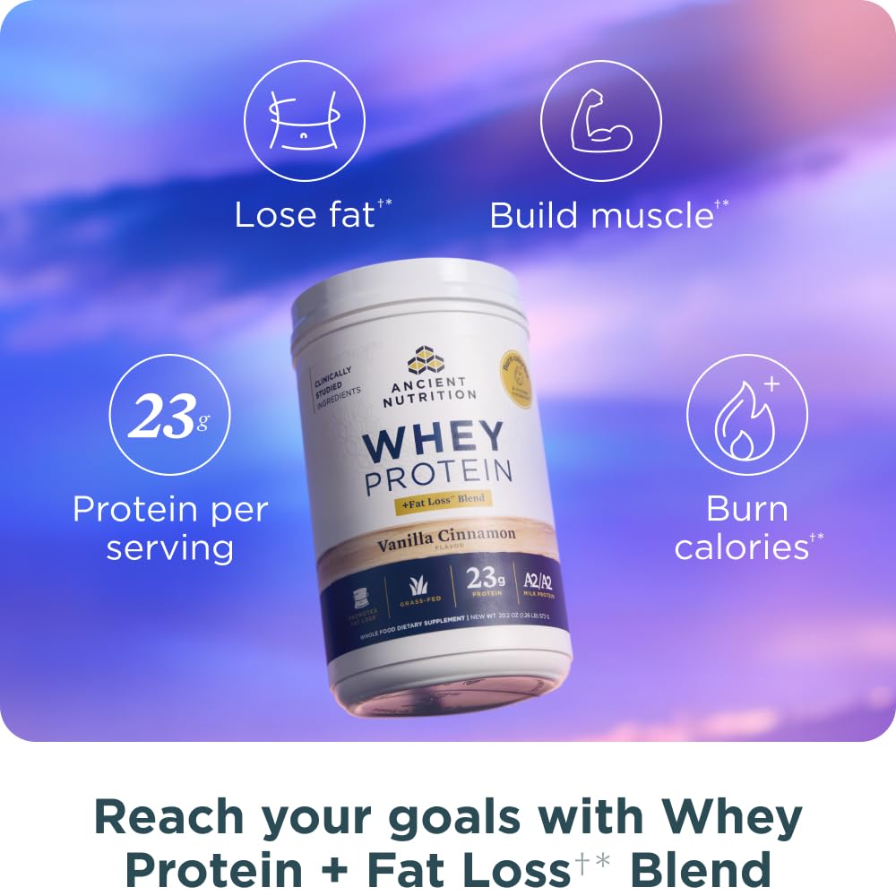 Pouring Ancient Nutrition vanilla cinnamon whey for a quick post-workout shake