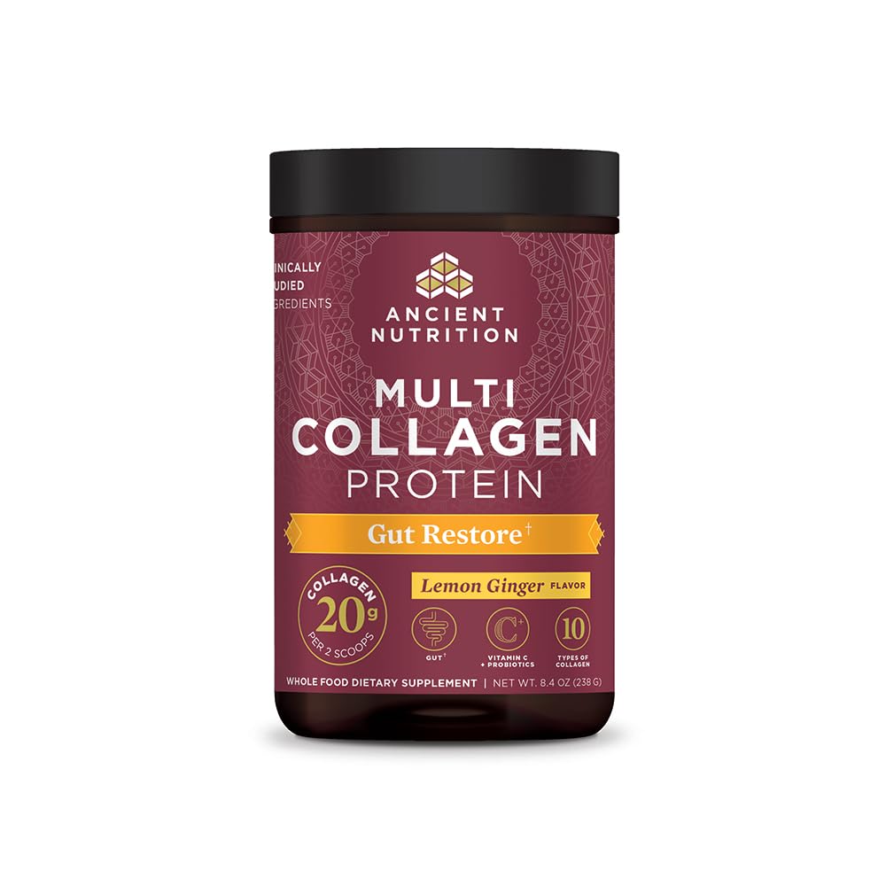 Ancient Nutrition Gut Restore bottle with lemon-ginger flavor for gut support