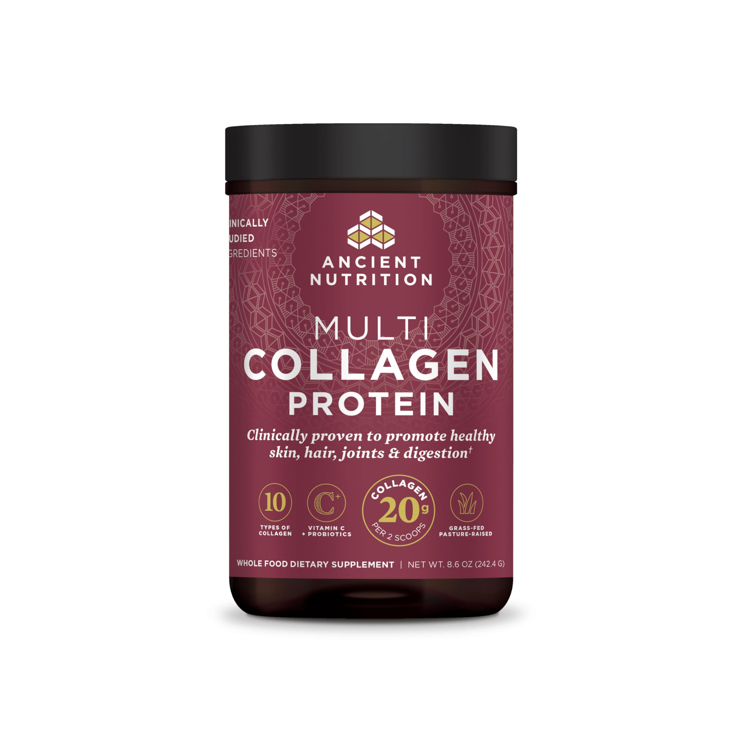 Ancient Nutrition hydrolyzed collagen peptides powder bottle unflavored for daily skin and nails.