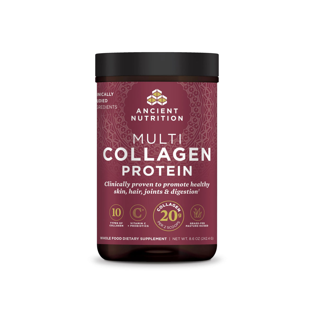 Ancient Nutrition hydrolyzed collagen peptides powder bottle unflavored for daily skin and nails.
