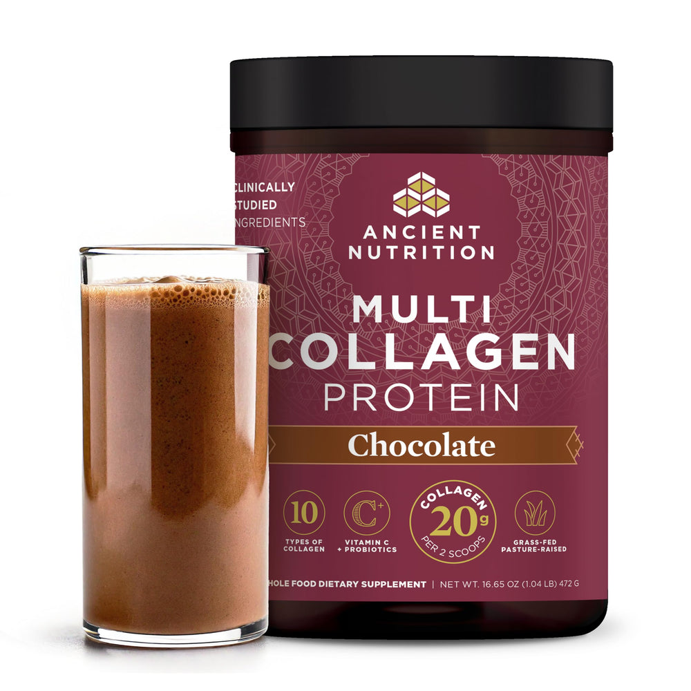Ancient Nutrition hydrolyzed collagen powder chocolate tub on a countertop, ready to mix