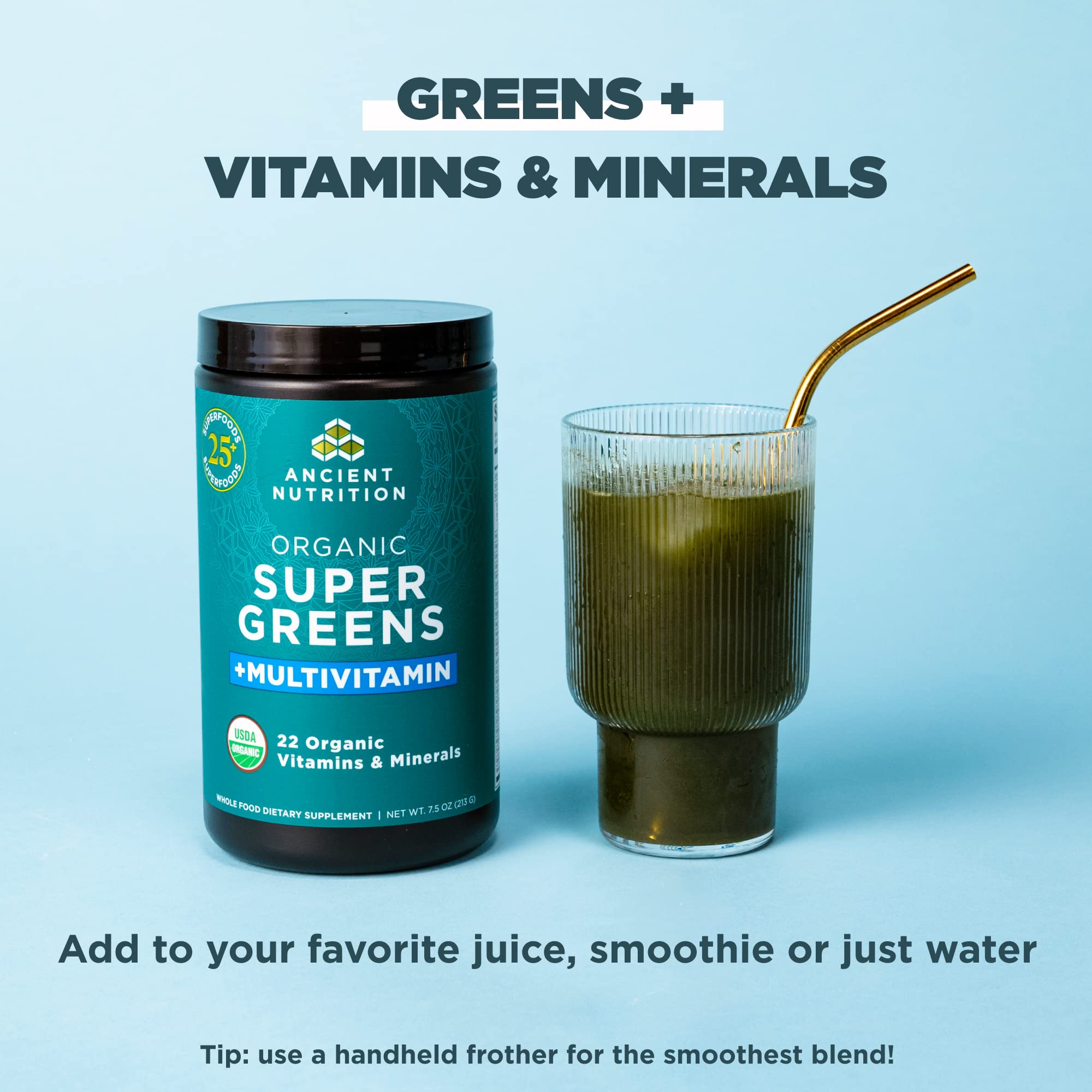 Ancient Nutrition ingredients panel reveals 22 vitamins and minerals per serving.
