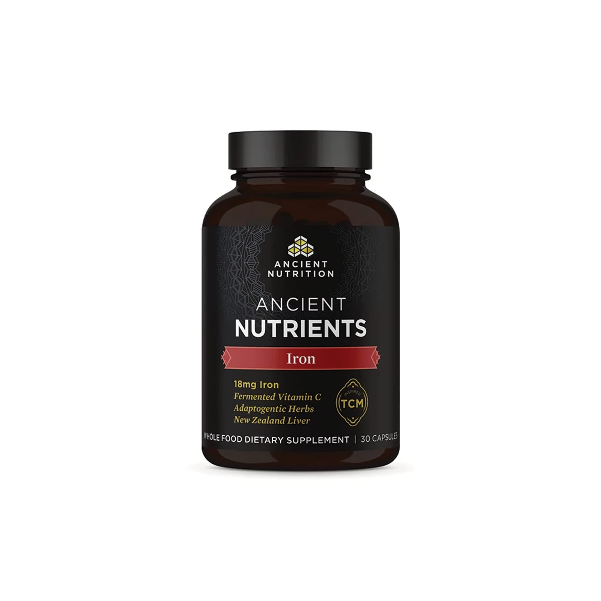 Ancient Nutrition Iron bottle with capsules for daily support.