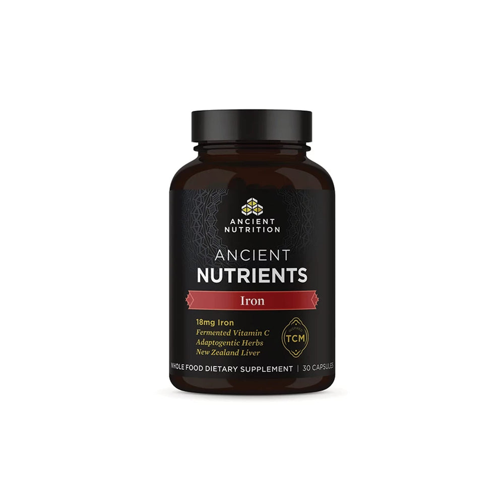 Ancient Nutrition Iron bottle with capsules for daily support.