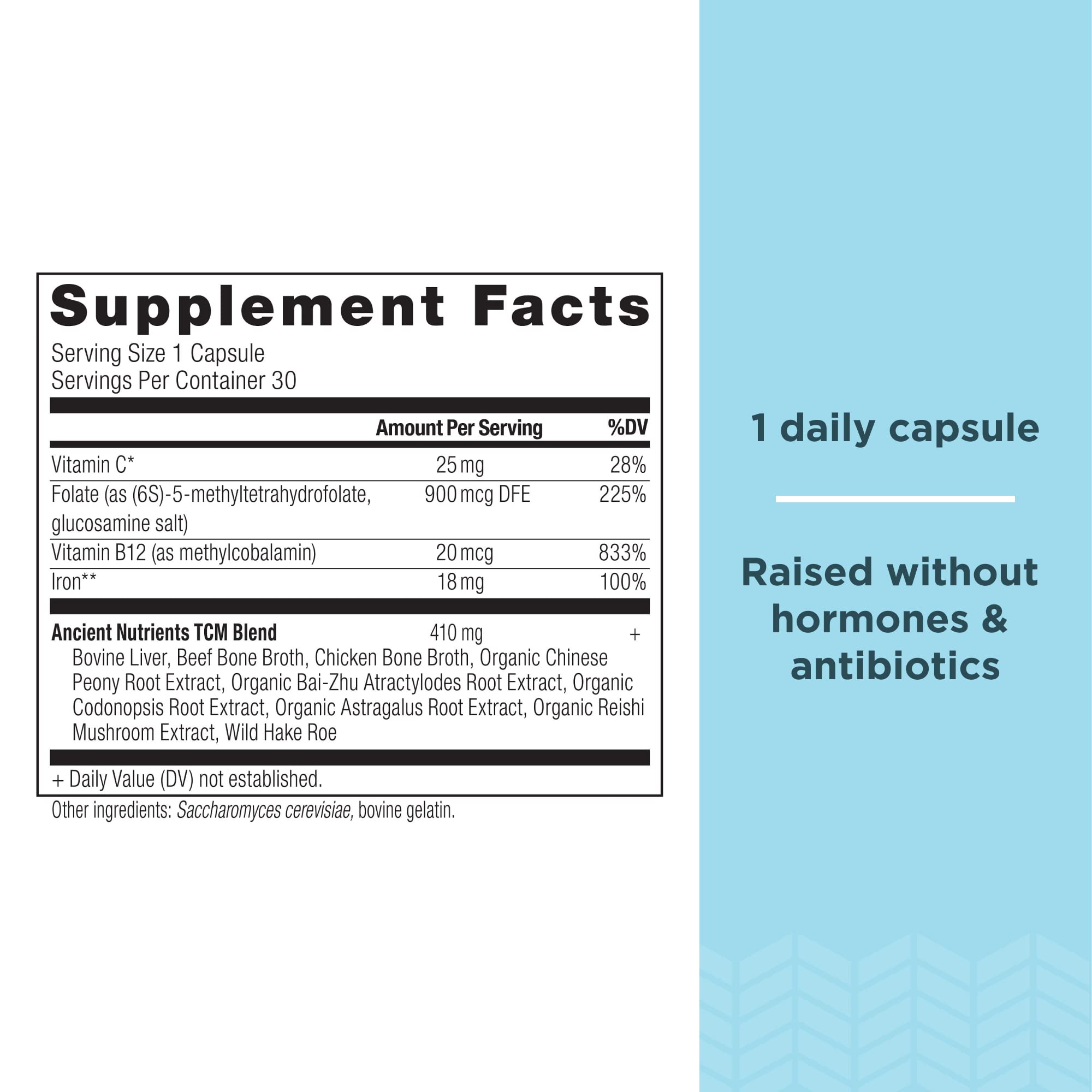 Ancient Nutrition Iron capsules beside water designed to be gentle on digestion.