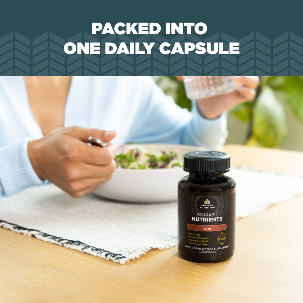 Ancient Nutrition Iron emphasizes bone broth and White Peony extract in the formula.