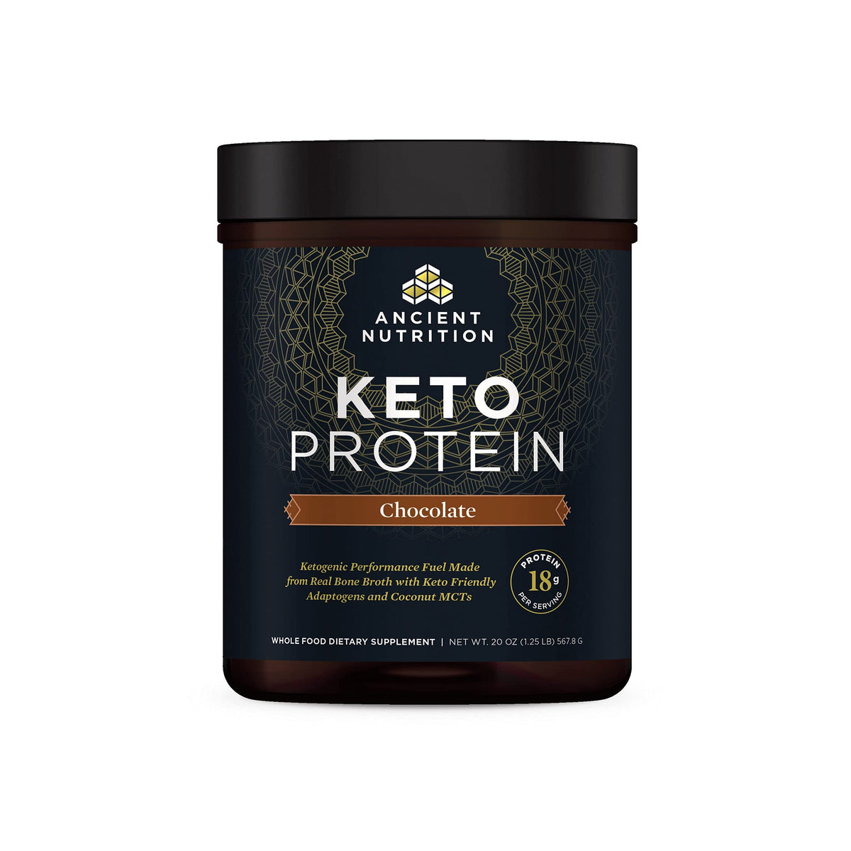 Ancient Nutrition KetoPROTEIN chocolate tub for quick shakes.