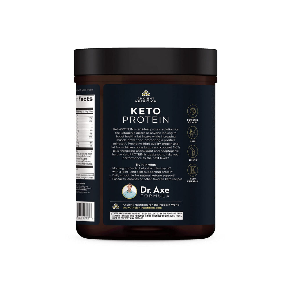 KetoPROTEIN label close-up showing gluten-free and low-carb.