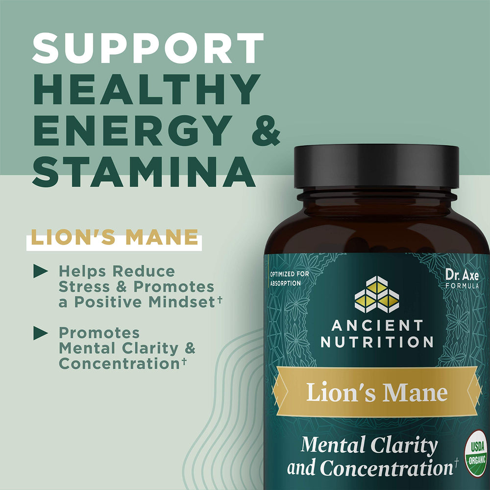 Ancient Nutrition Lion's Mane tablet close-up showing energy-support potential.