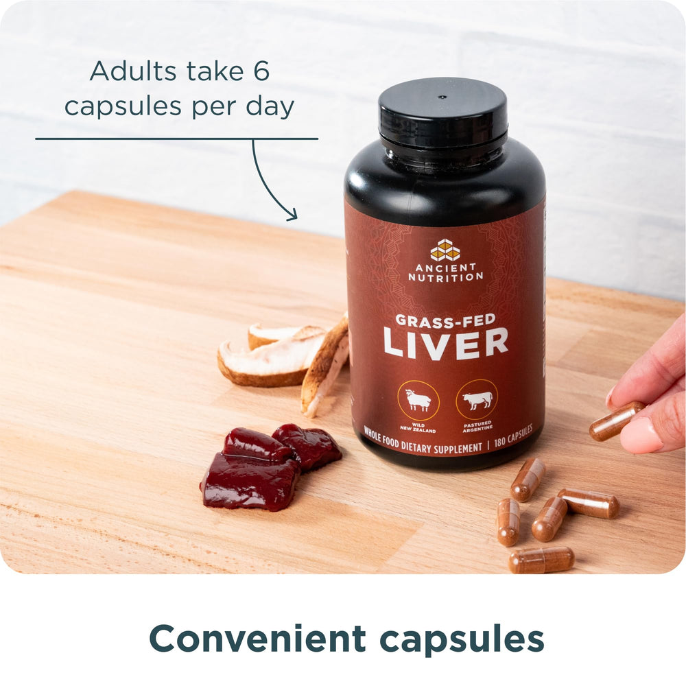 Ancient Nutrition Liver Organ Supplements label detail highlights grass-fed and wild organ sources.