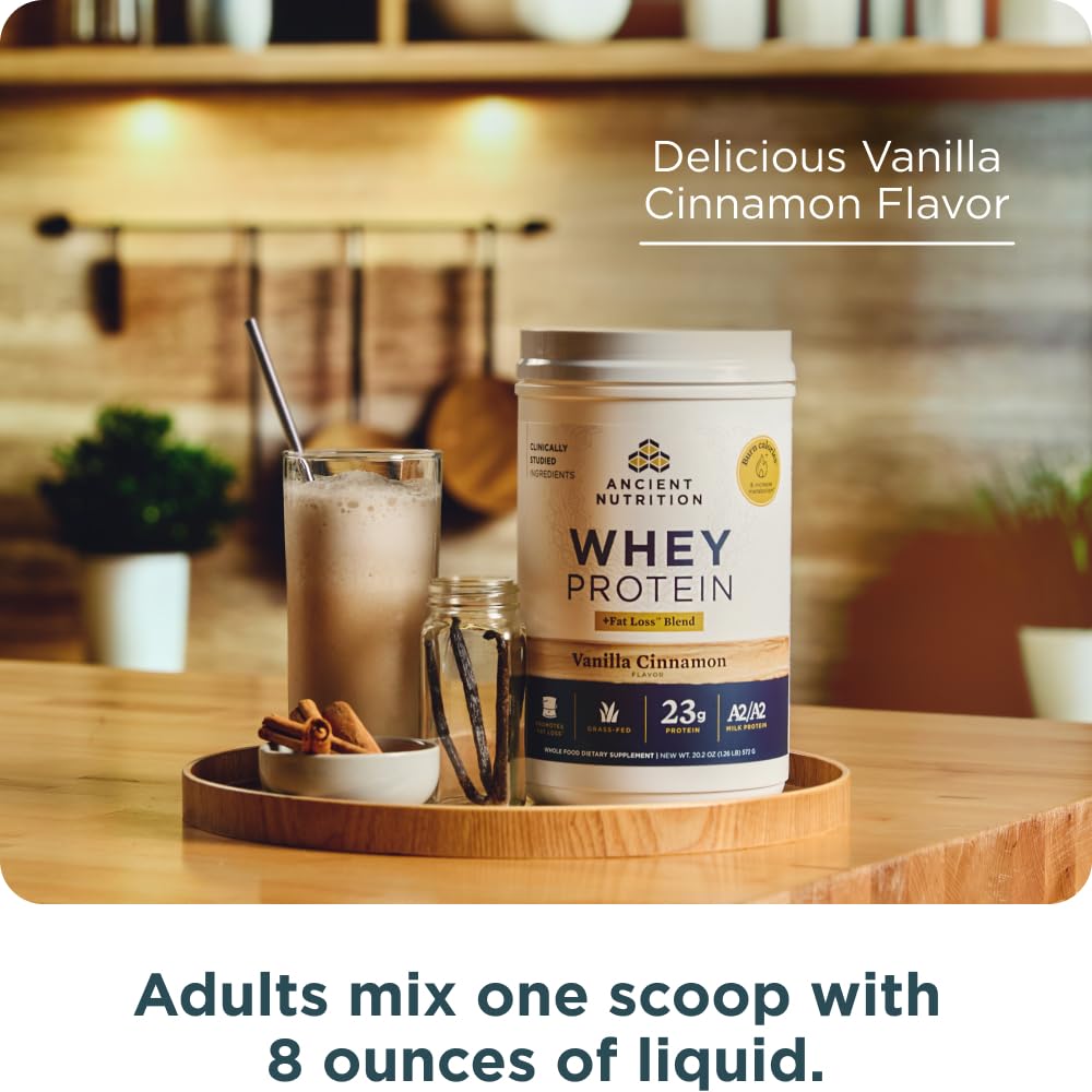 Measuring scoop beside Ancient Nutrition powder for precise serving