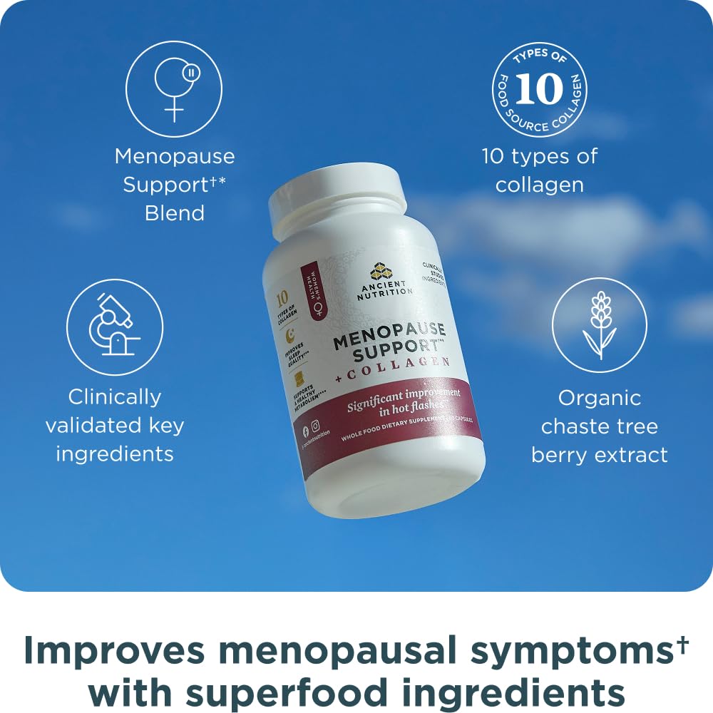 Ancient Nutrition menopause support bottle displayed for convenient daily use.