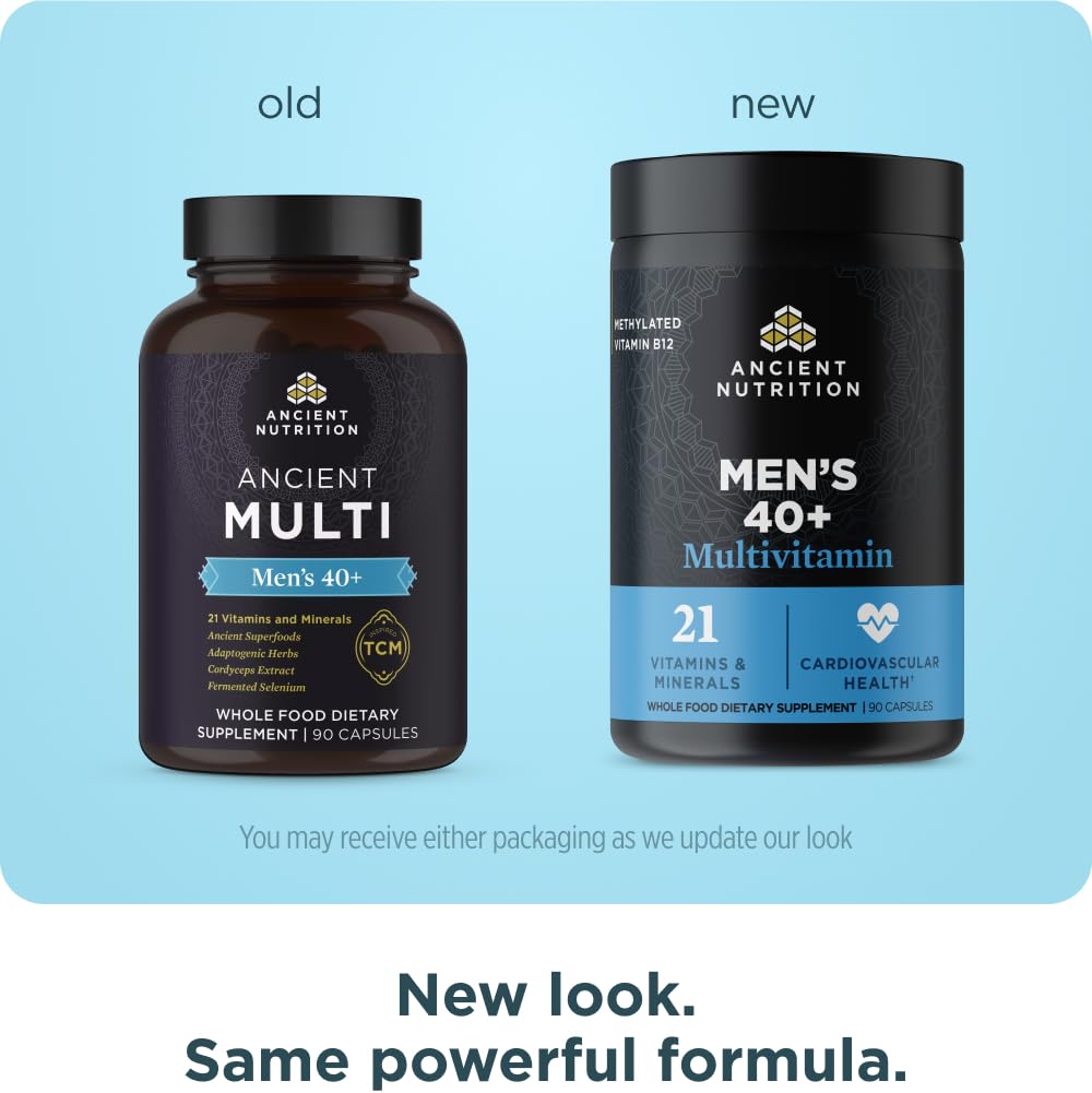 Ancient Nutrition Men's 40+ Multivitamin capsules closeup emphasizes easy daily intake.