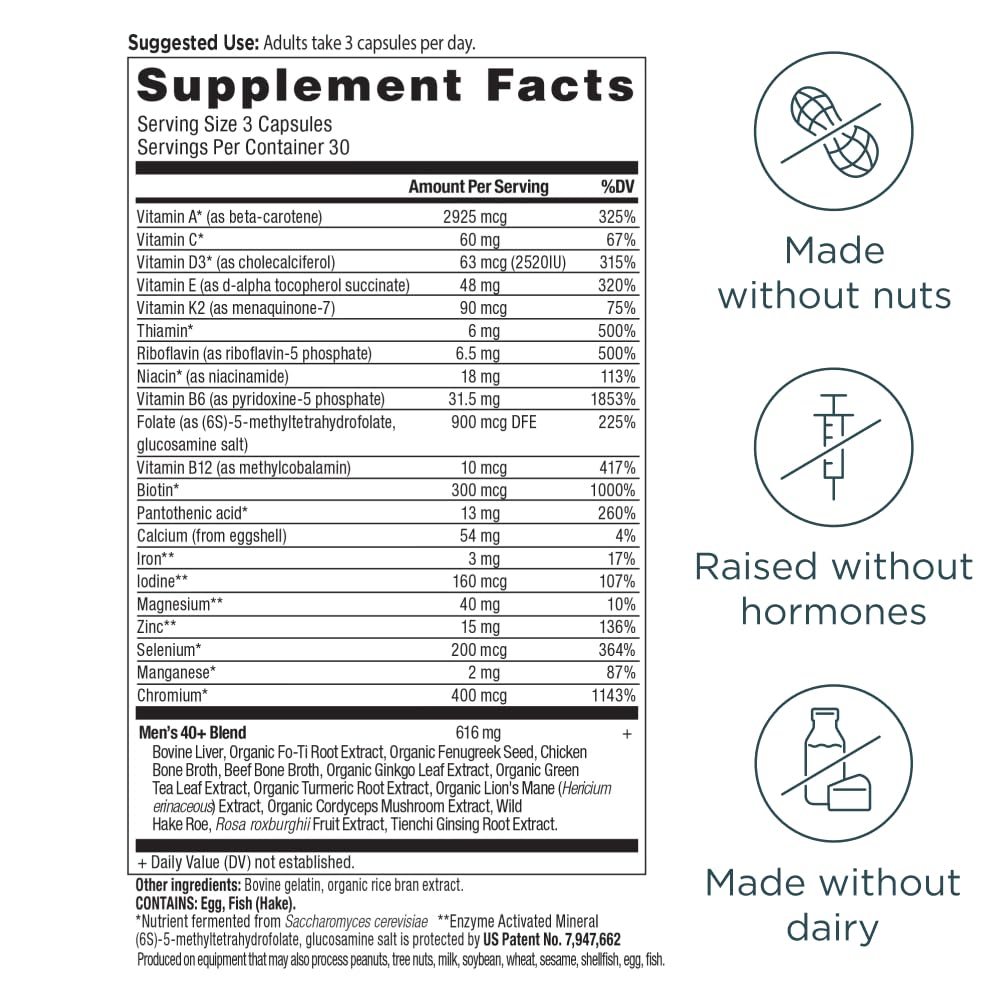 Ancient Nutrition Men's 40+ Multivitamin ingredient blend chart shows diverse nutrients.
