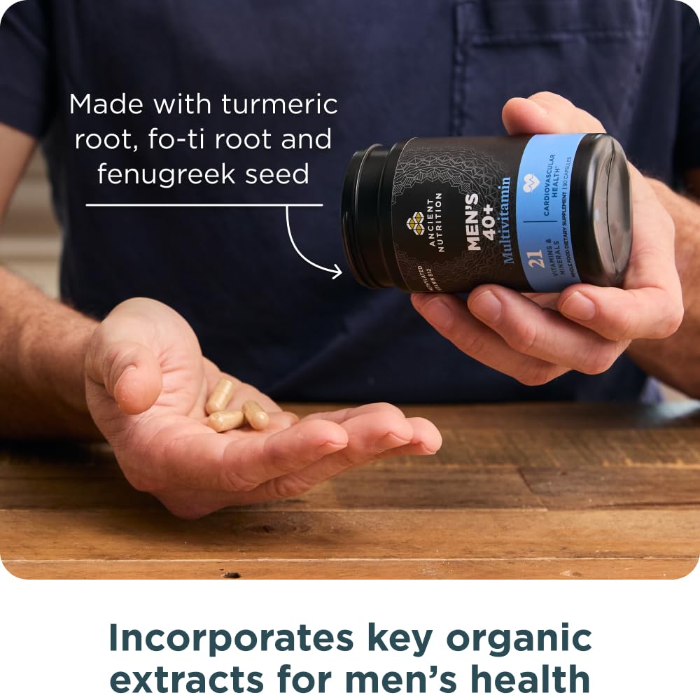 Ancient Nutrition Men's 40+ Multivitamin label detail confirms 3-capsule daily serving.
