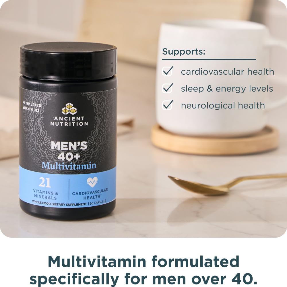 Ancient Nutrition Men's 40+ Multivitamin includes liver and bone broth for nutrient-dense inputs.