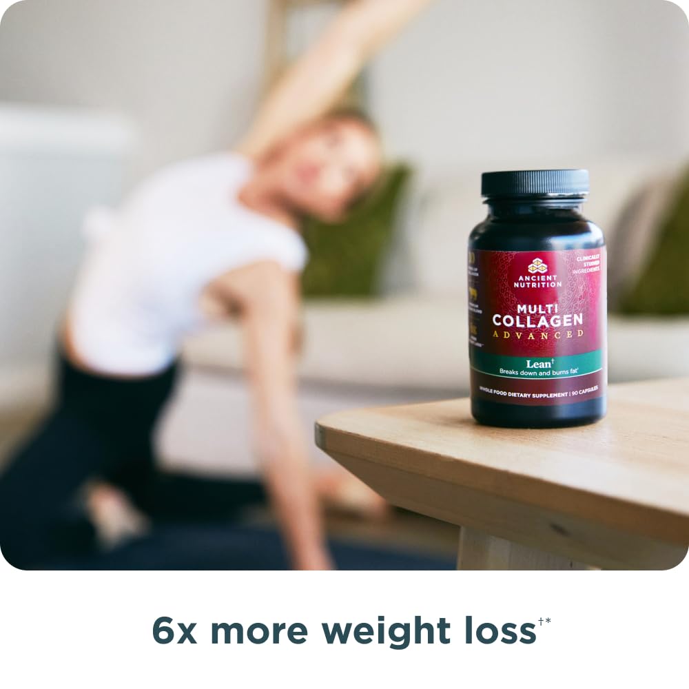 Ancient Nutrition Multi Collagen Advanced Lean probiotic blend bottle highlights gut health