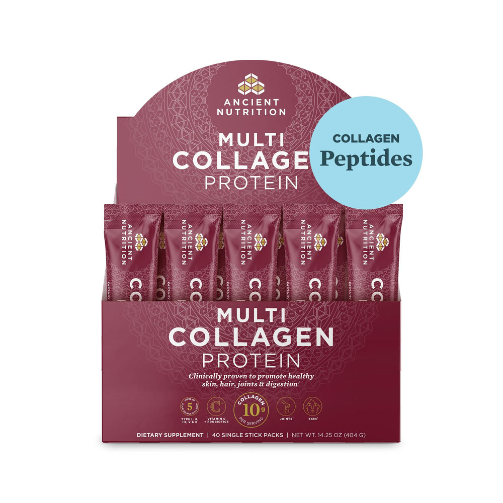 Ancient Nutrition multi collagen box with 40 stick packs for on-the-go use.