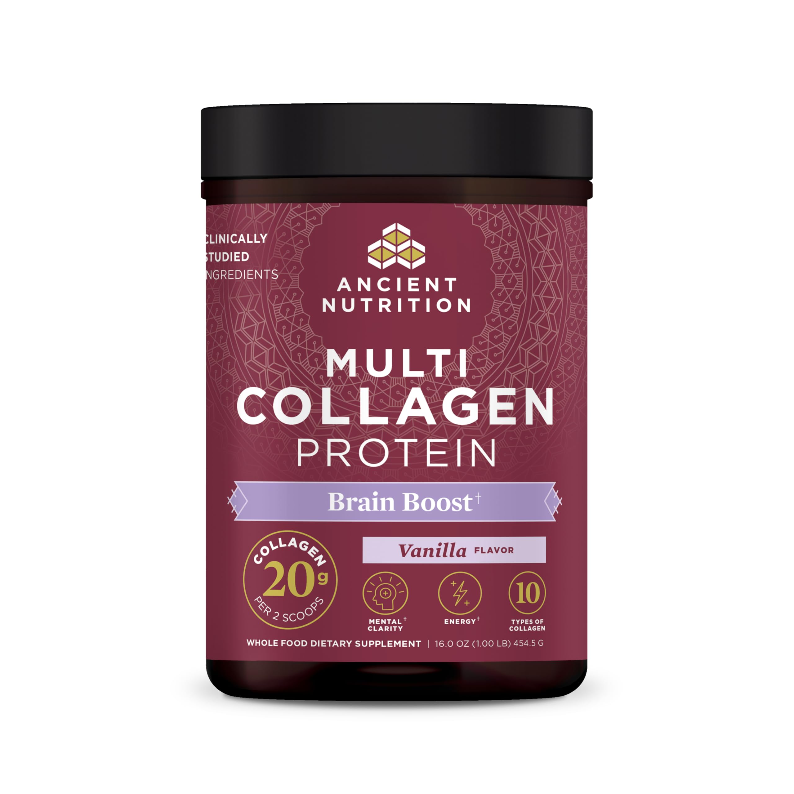 Ancient Nutrition Multi Collagen Brain Boost tub ready for daily use supports skin and joints.