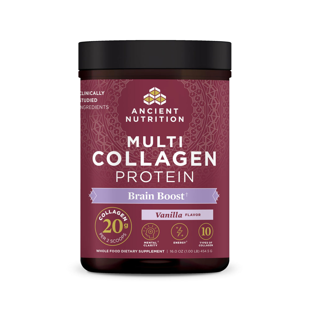 Ancient Nutrition Multi Collagen Brain Boost tub ready for daily use supports skin and joints.