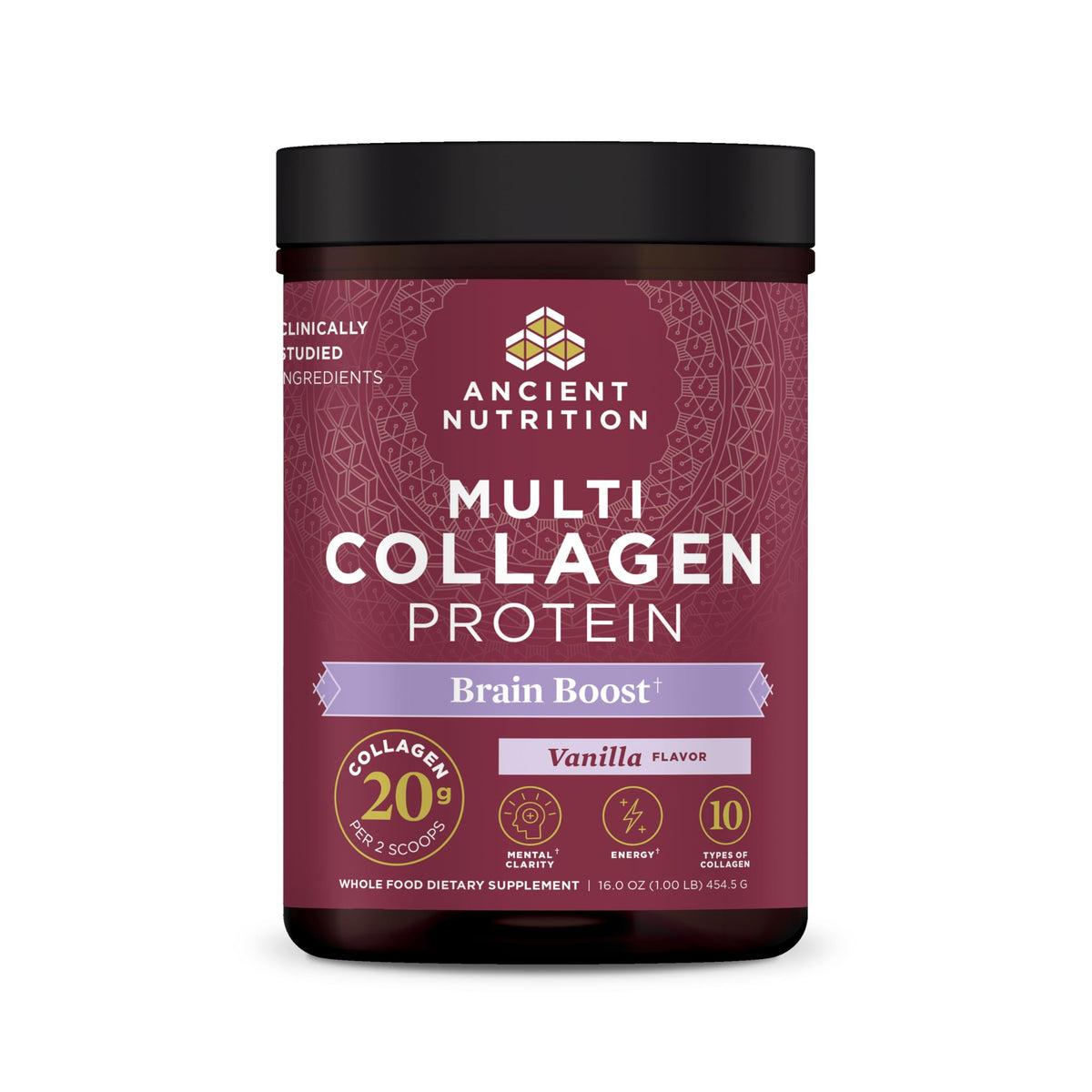 Ancient Nutrition Multi Collagen Brain Boost tub ready for daily use supports skin and joints.