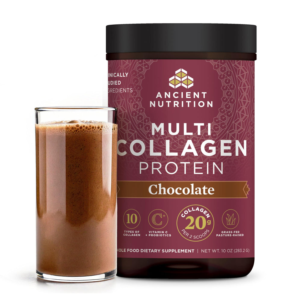 Ancient Nutrition Multi Collagen Protein chocolate tub promotes daily wellness with diverse collagen types.