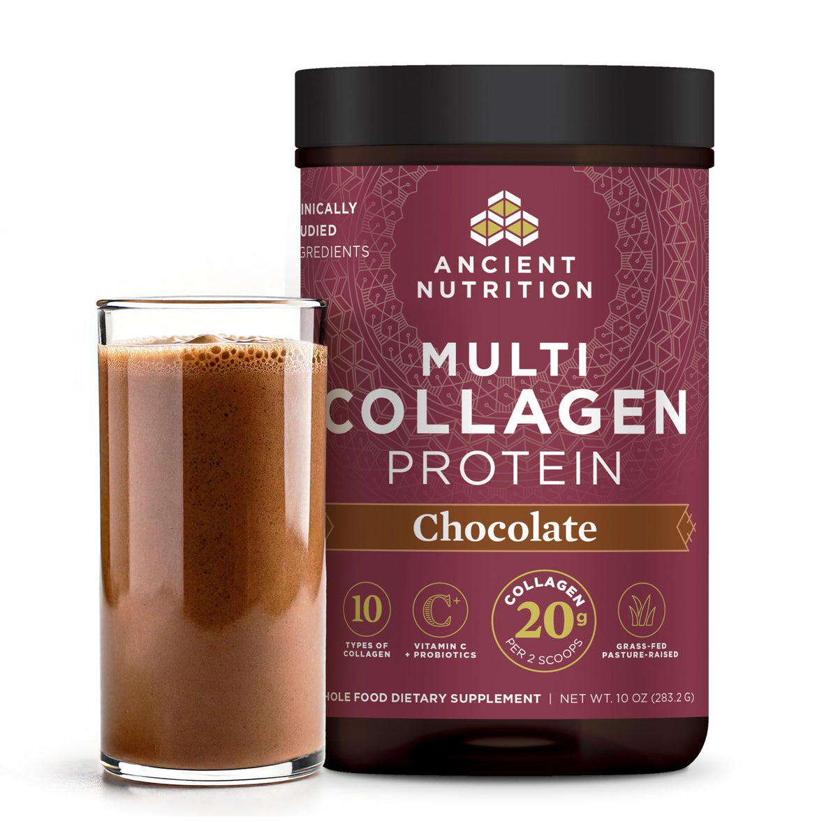 Ancient Nutrition Multi Collagen Protein chocolate tub promotes daily wellness with diverse collagen types.