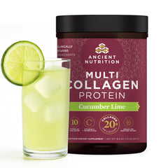 Ancient Nutrition multi collagen protein tub front showing product benefits.