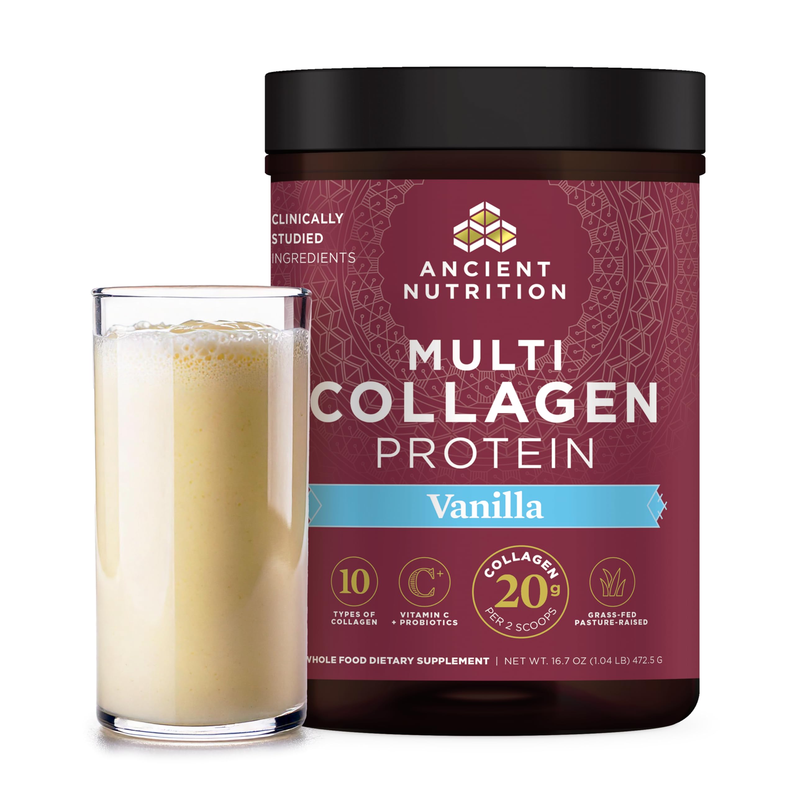Ancient Nutrition Multi Collagen Vanilla tub showing powder for daily collagen support.