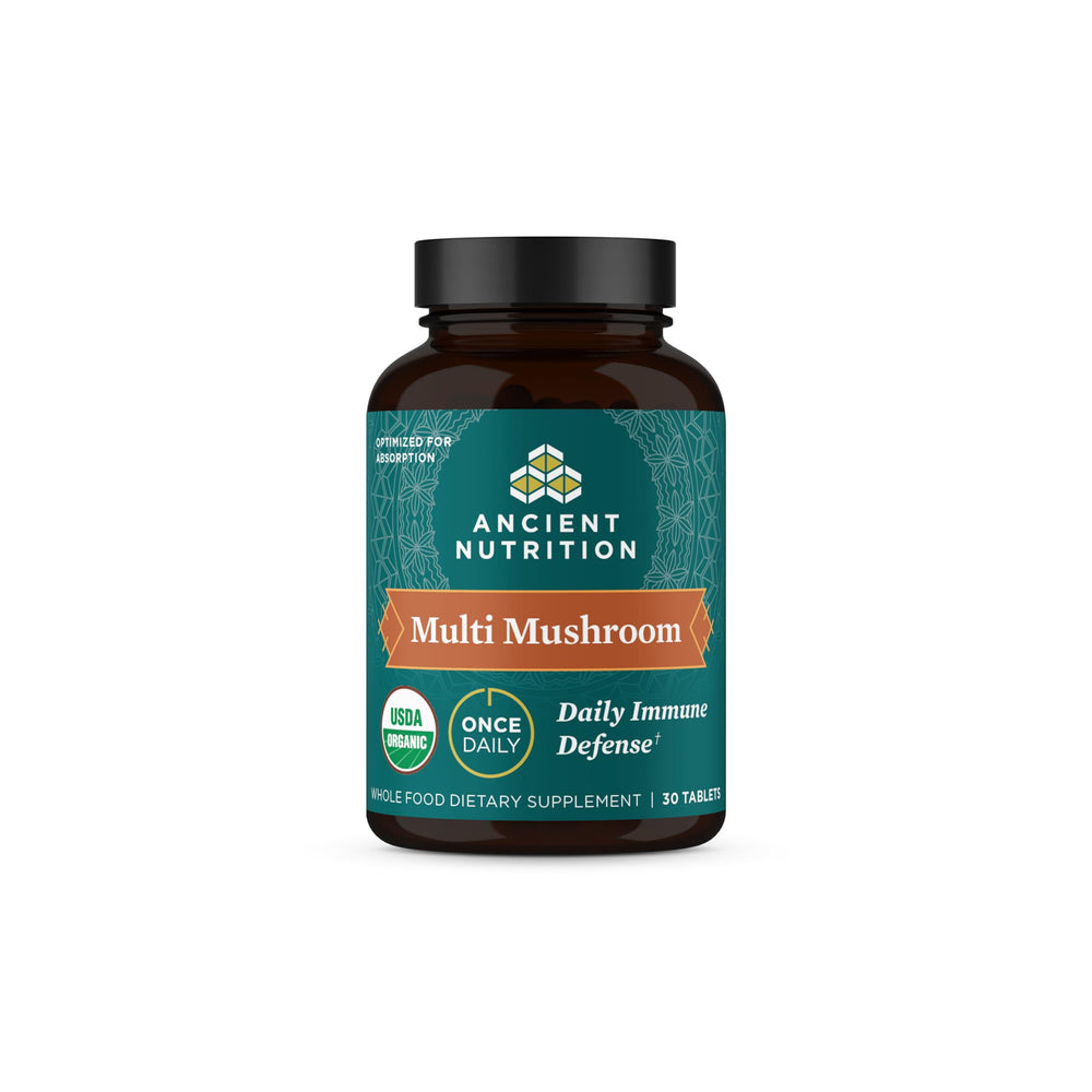 Ancient Nutrition Multi Mushroom Immune Defense Tablet bottle view highlights immune support potential
