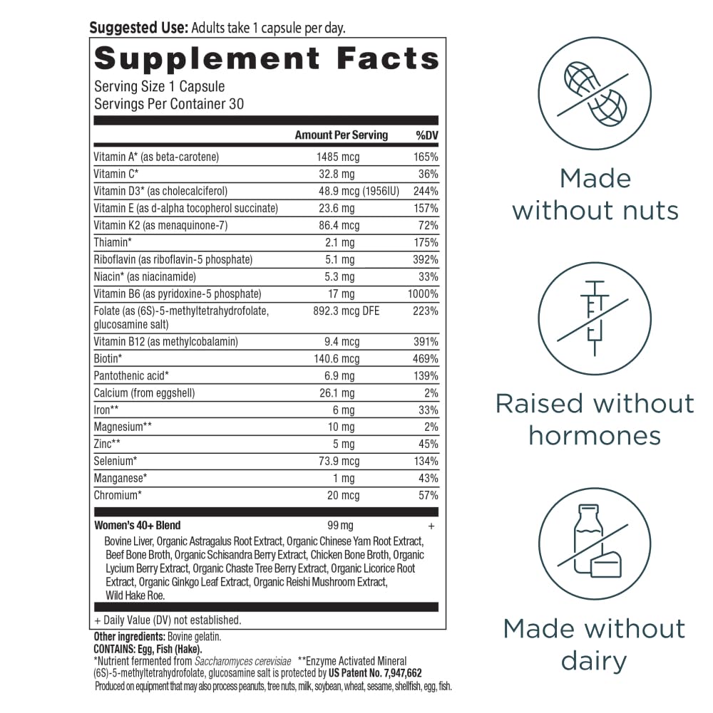 Ancient Nutrition Multi for Women 40+ bottle back lists vitamin profile and daily usage convenience.