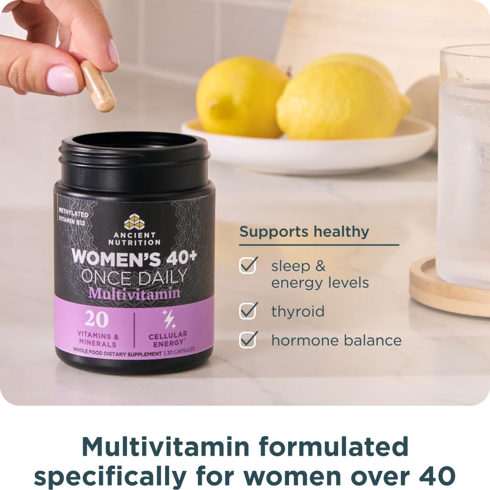 Ancient Nutrition Multi for Women 40+ daily use scene suggests easy integration into routines.