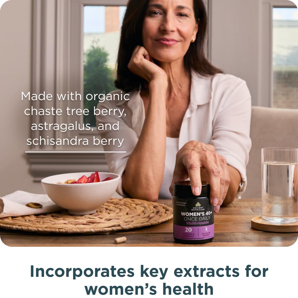 Ancient Nutrition Multi for Women 40+ kitchen-top shot implies convenient morning routine.