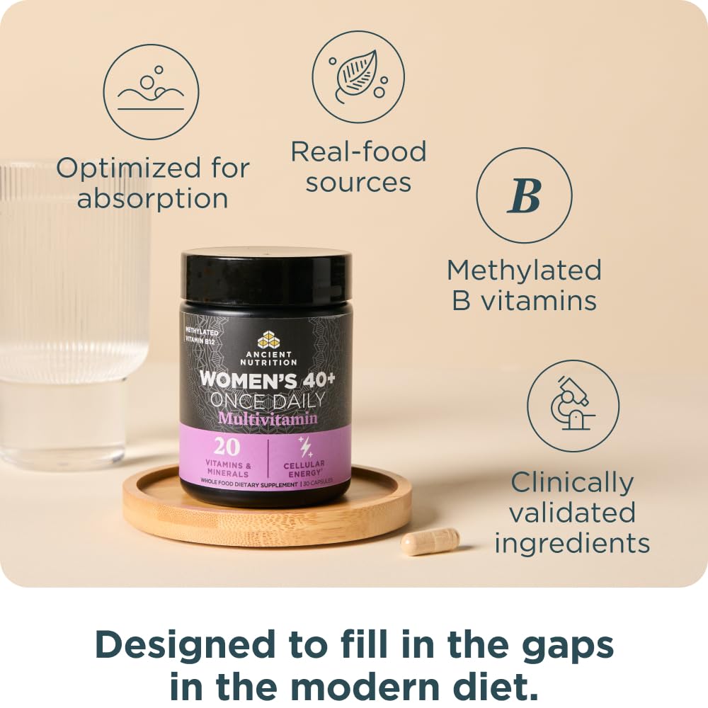 Ancient Nutrition Multi for Women 40+ vial with glass of water supports daily wellness.