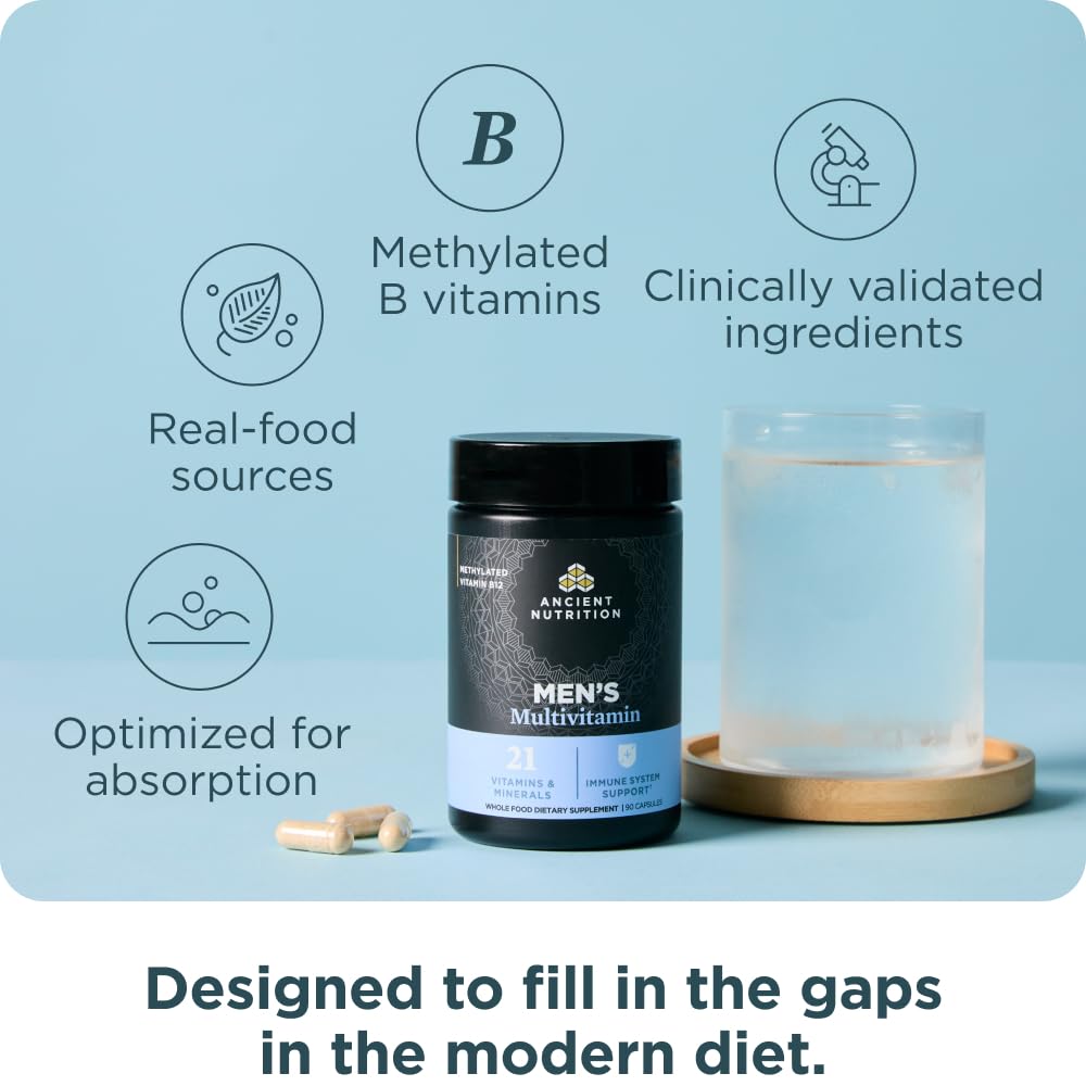 Ancient Nutrition multivitamin for men daily usage shows a simple three-capsule routine.
