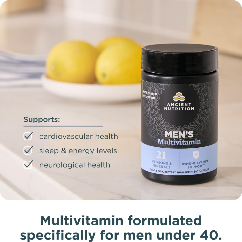 Ancient Nutrition multivitamin for men ingredients closeup emphasizes B vitamins and minerals.