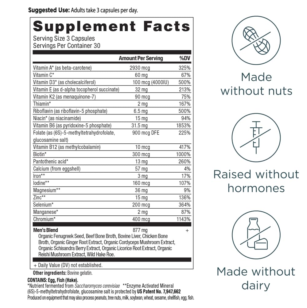 Ancient Nutrition multivitamin for men label highlights zinc and vitamin D for immune support.