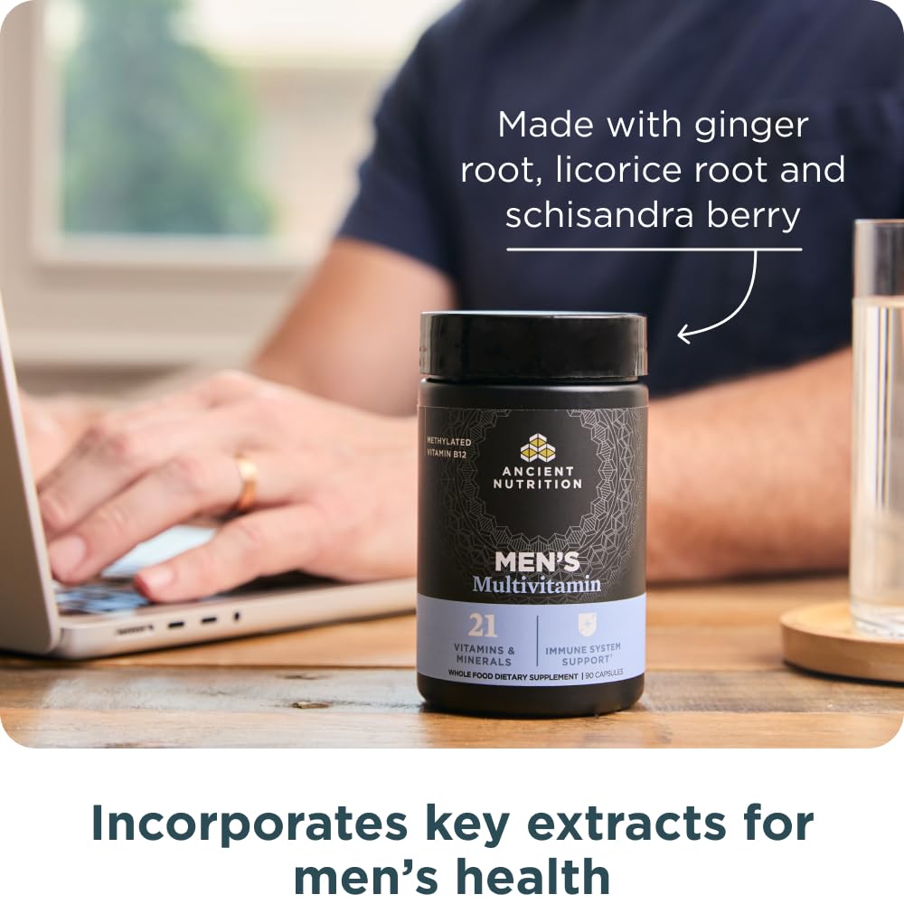 Ancient Nutrition multivitamin for men packaging showcases clean labeling and U.S.-made quality.