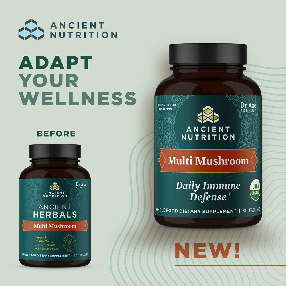 Ancient Nutrition mushroom blend bottle front showing organic formula